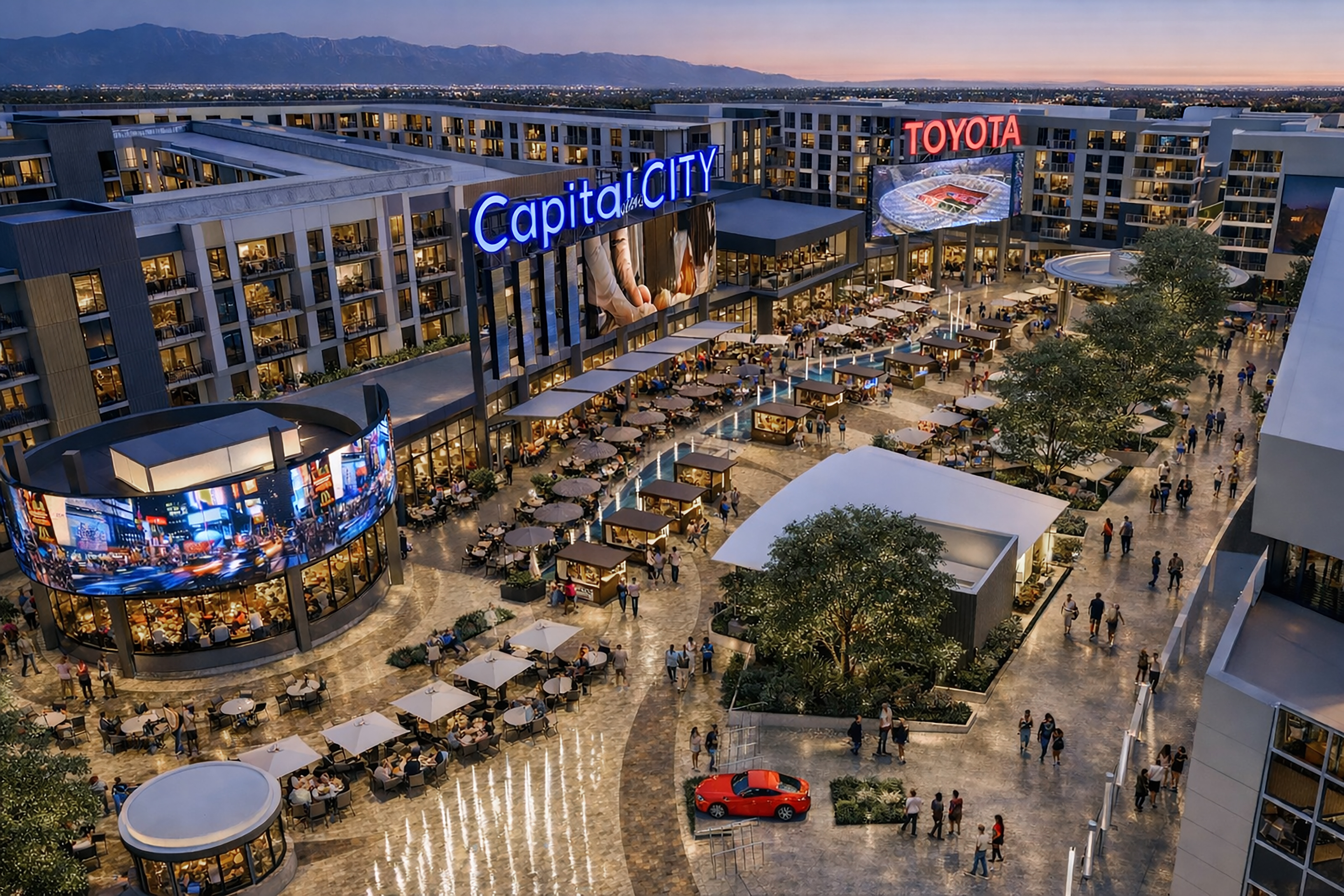 Capital City plaza — birds-eye view of dining terraces, fountains, and Toyota Arena