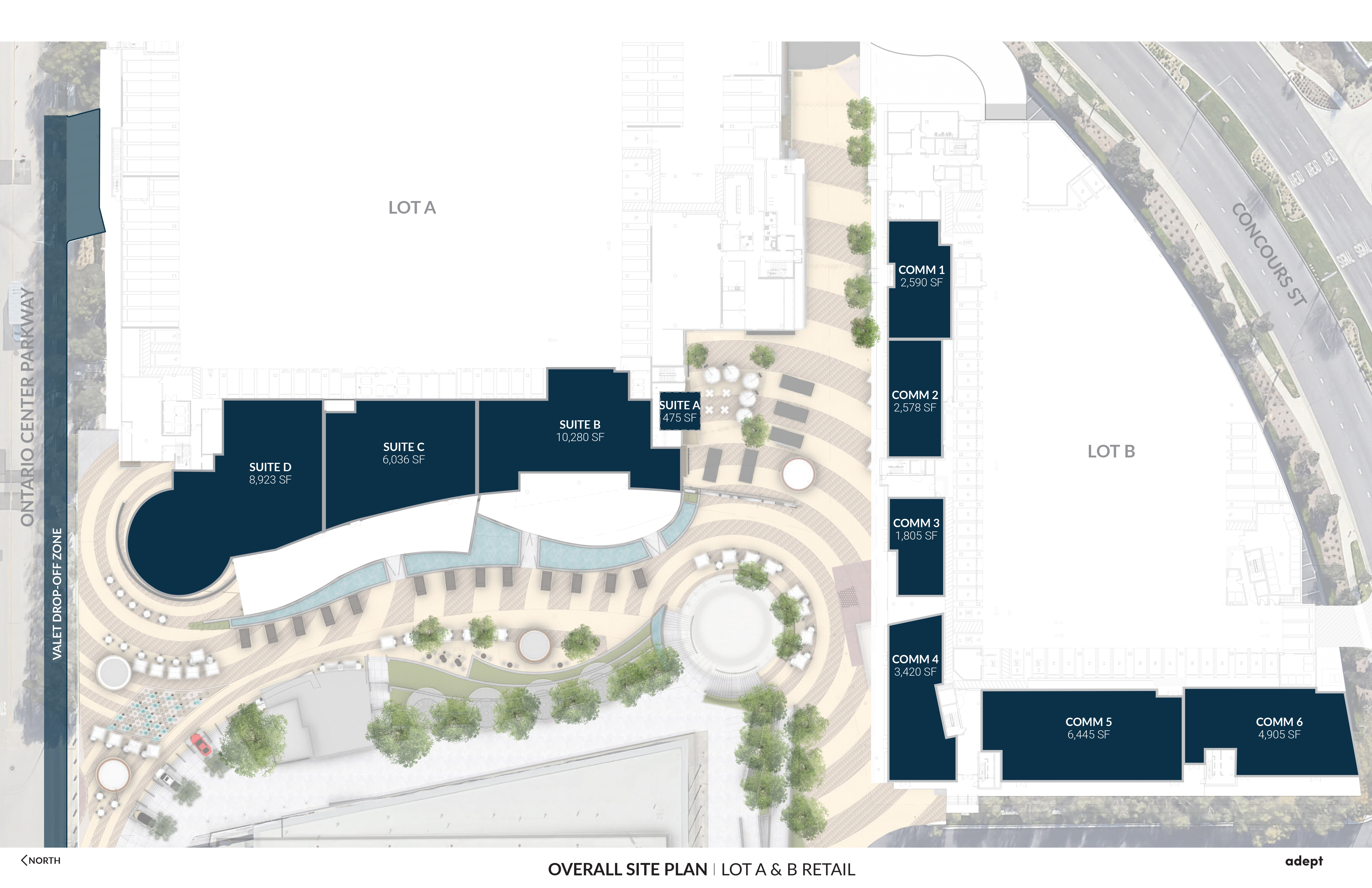 Capital City overall site plan — Lot A & B retail with Suites B, C, and D called out along the pedestrian promenade