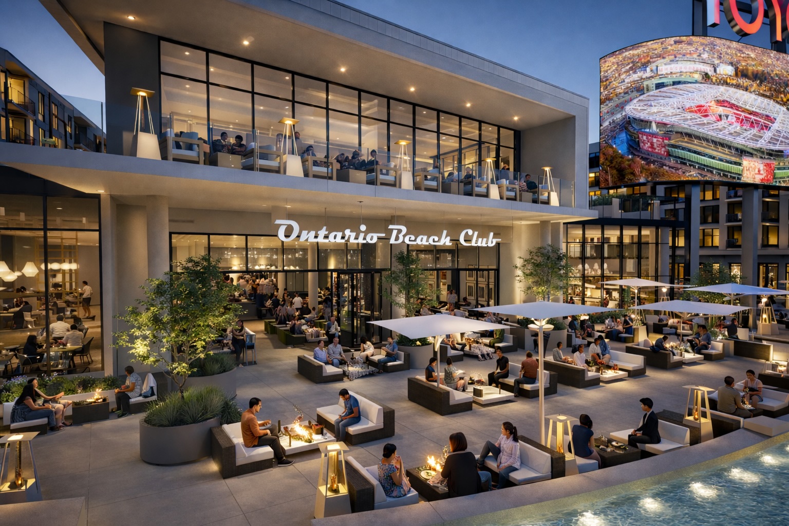 Ontario Beach Club — outdoor dining terrace facing Toyota Arena