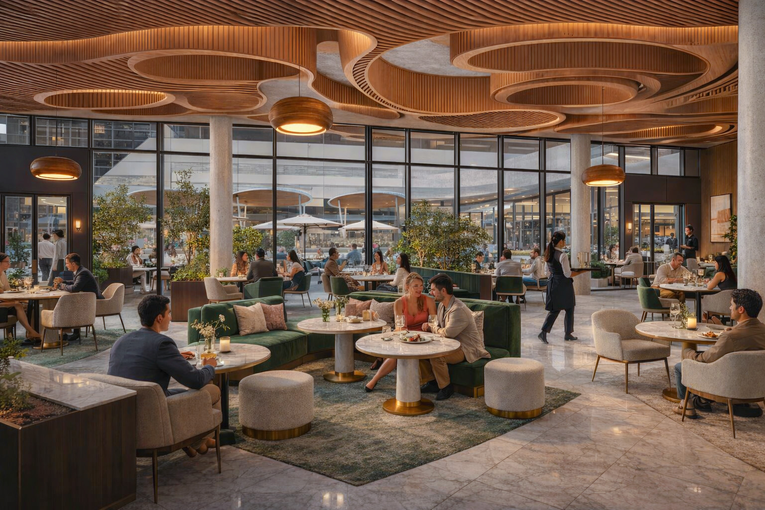 Light-filled all-day restaurant interior with sculptural wood ceiling