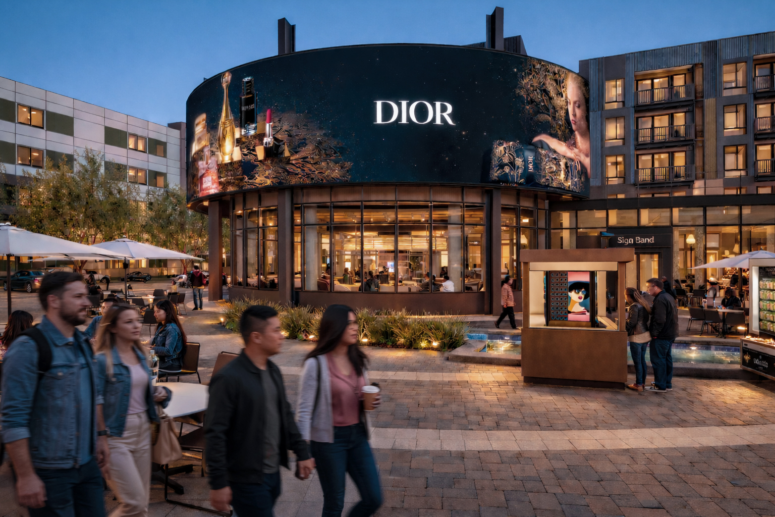 Suite D exterior — curved glass storefront with large-format digital signage on the plaza