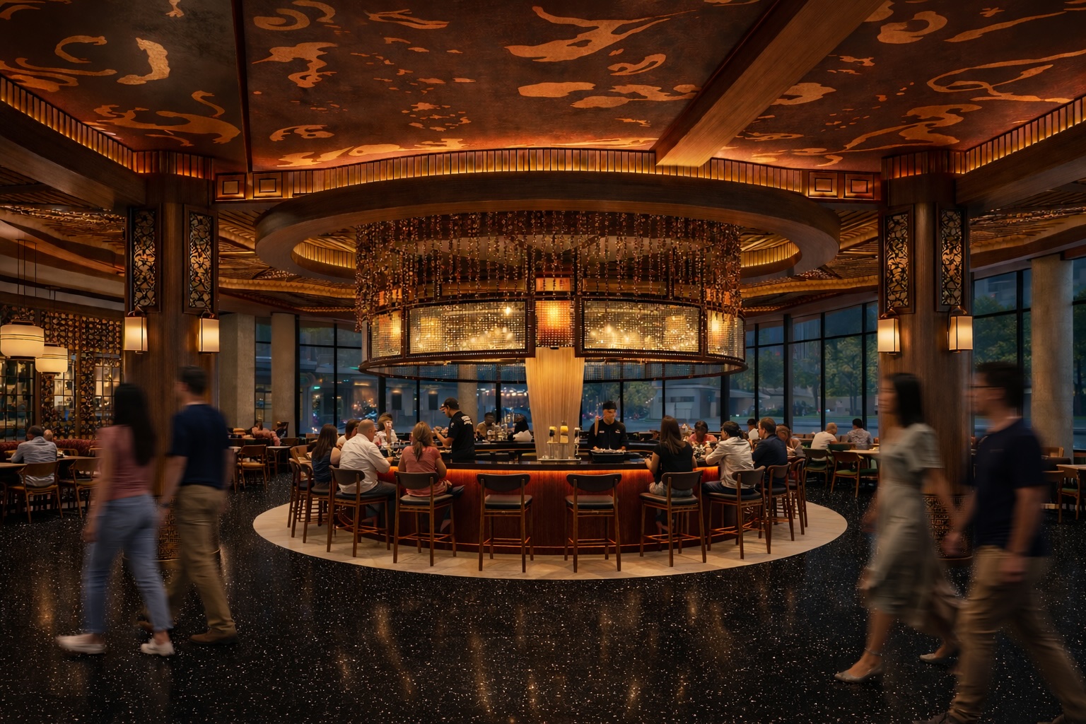 Capital City supper club interior with circular bar and gold chandelier